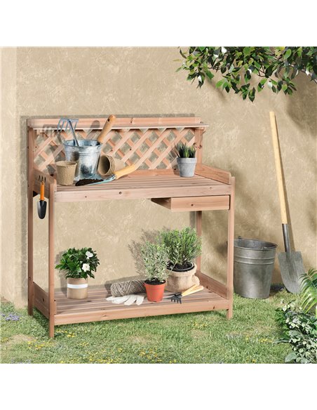 Outsunny Wooden Garden Potting Table with Drawer, Natural Wood Colour - pic 30842 | FastDaddyshop