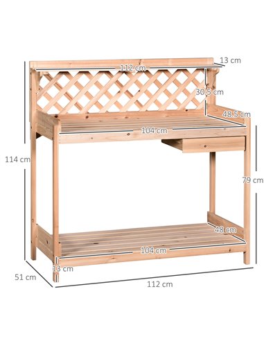 Outsunny Wooden Garden Potting Table with Drawer, Natural Wood Colour