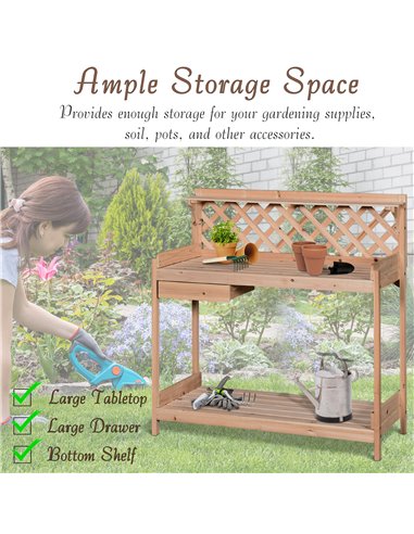 Outsunny Wooden Garden Potting Table with Drawer, Natural Wood Colour