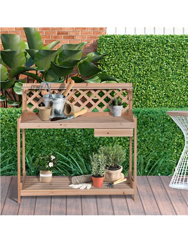 Outsunny Wooden Garden Potting Table with Drawer, Natural Wood Colour