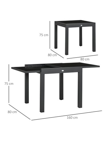 Outsunny Extending Garden Table with Aluminium Frame and Tempered Glass Tabletop, Black