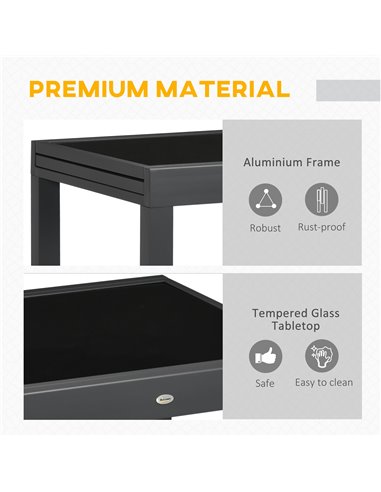 Outsunny Extending Garden Table with Aluminium Frame and Tempered Glass Tabletop, Black