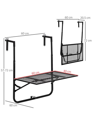 Outsunny Balcony Hanging Table, Metal Wall Mount Desk, Adjustable Folding Balcony Deck Table for Patio and Garden, Black