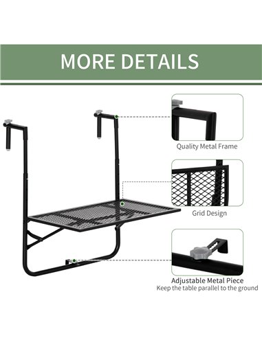 Outsunny Balcony Hanging Table, Metal Wall Mount Desk, Adjustable Folding Balcony Deck Table for Patio and Garden, Black
