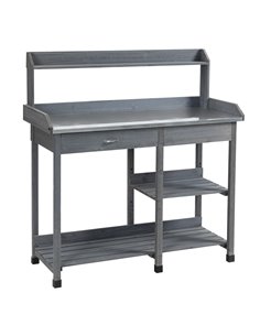 Outsunny Wooden Garden Potting Table with Metal Tabletop, Grey 845-541