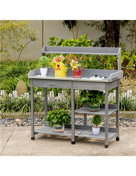 Outsunny Wooden Garden Potting Table with Metal Tabletop, Grey 845-541 - pic 30923 | FastDaddyshop