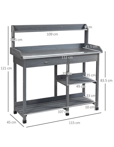 Outsunny Wooden Garden Potting Table with Metal Tabletop, Grey 845-541
