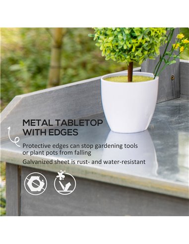 Outsunny Wooden Garden Potting Table with Metal Tabletop, Grey 845-541