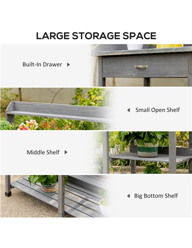 Outsunny Wooden Garden Potting Table with Metal Tabletop, Grey 845-541