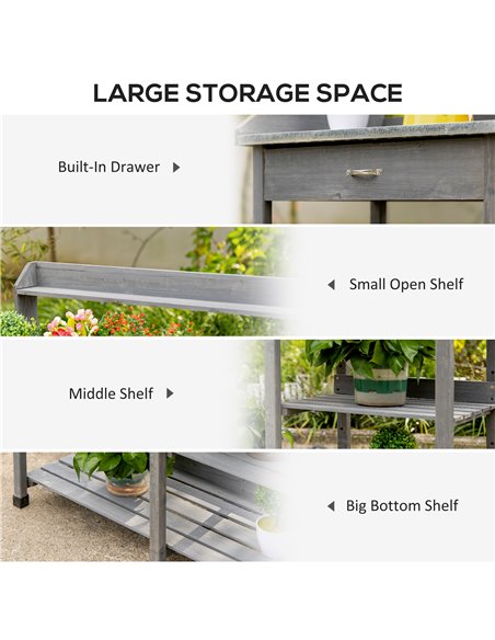 Outsunny Wooden Garden Potting Table with Metal Tabletop, Grey 845-541 - pic 30926 | FastDaddyshop