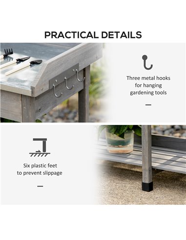 Outsunny Wooden Garden Potting Table with Metal Tabletop, Grey 845-541