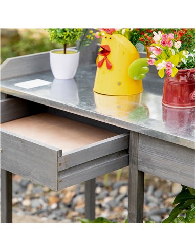 Outsunny Wooden Garden Potting Table with Metal Tabletop, Grey 845-541