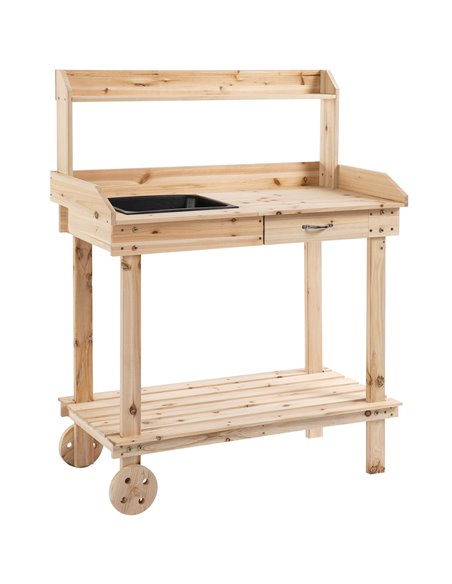 Outsunny Wooden Garden Potting Bench Table with 2 Wheels, Sink, Drawer, Large Storage Spaces, Natural Wood - pic 30940 | FastDaddyshop