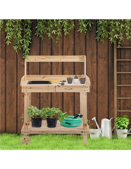 Outsunny Garden Potting Bench Table, Wooden Work Station, Outdoor Planting Workbench with 2 Wheels, Sink, Drawer & Large Storage - pic 30941 | FastDaddyshop