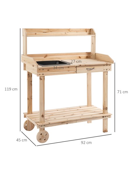 Outsunny Garden Potting Bench Table, Wooden Work Station, Outdoor Planting Workbench with 2 Wheels, Sink, Drawer & Large Storage - pic 30942 | FastDaddyshop