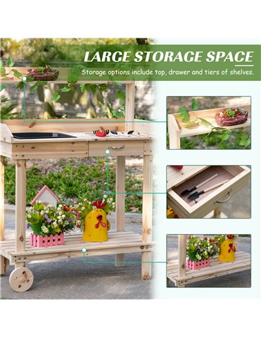 Outsunny Garden Potting Bench Table, Wooden Work Station, Outdoor Planting Workbench with 2 Wheels, Sink, Drawer & Large Storage