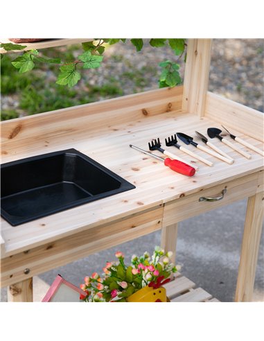 Outsunny Garden Potting Bench Table, Wooden Work Station, Outdoor Planting Workbench with 2 Wheels, Sink, Drawer & Large Storage