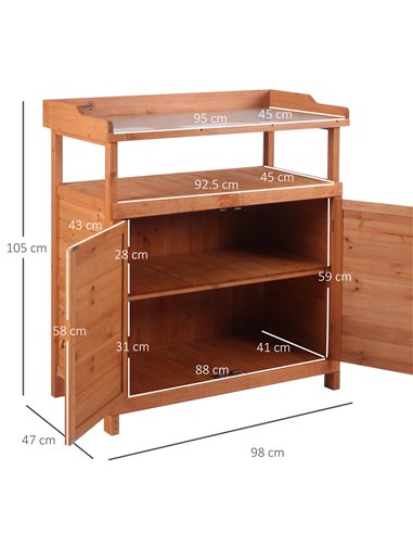 Outsunny Multi-function Potting Bench Table with Storage Cabinet, Galvanized Table Top, Orange