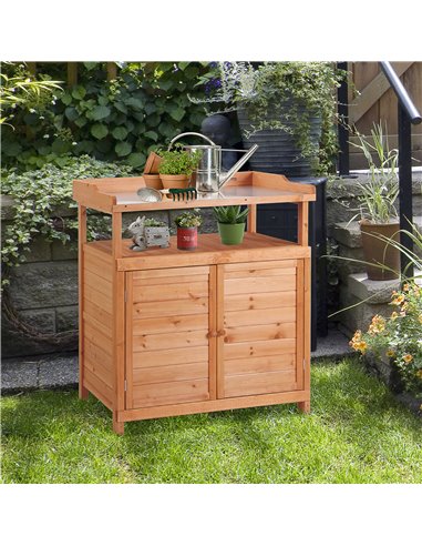 Outsunny Multi-function Potting Bench Table with Storage Cabinet, Galvanized Table Top, Orange