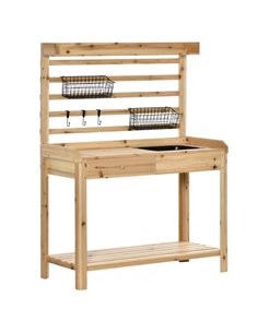 Outsunny Potting Bench Table, Workstation with Metal Sieve Screen, Removable Sink, Additional Hooks and Baskets, Natural Wood