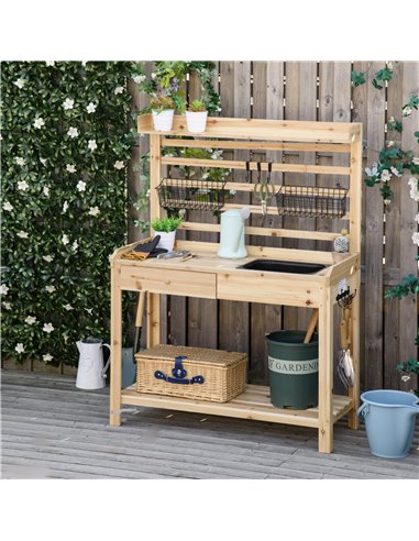 Outsunny Potting Bench Table, Workstation with Metal Sieve Screen, Removable Sink, Additional Hooks and Baskets, Natural Wood