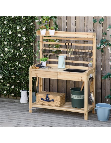Outsunny Potting Bench Table, Workstation with Metal Sieve Screen, Removable Sink, Additional Hooks and Baskets, Natural Wood - pic 30959 | FastDaddyshop
