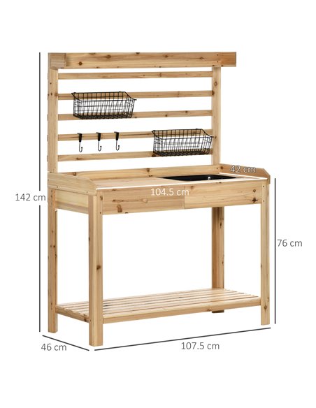 Outsunny Potting Bench Table, Workstation with Metal Sieve Screen, Removable Sink, Additional Hooks and Baskets, Natural Wood - pic 30960 | FastDaddyshop
