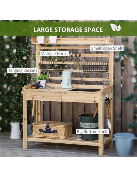 Outsunny Potting Bench Table, Workstation with Metal Sieve Screen, Removable Sink, Additional Hooks and Baskets, Natural Wood - pic 30963 | FastDaddyshop