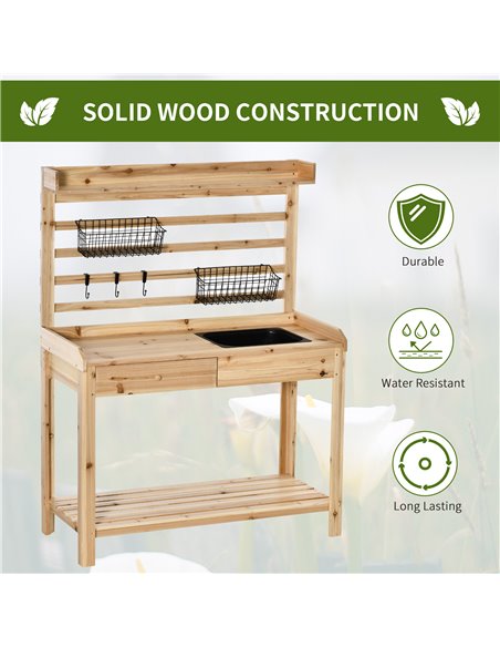 Outsunny Potting Bench Table, Workstation with Metal Sieve Screen, Removable Sink, Additional Hooks and Baskets, Natural Wood - pic 30964 | FastDaddyshop