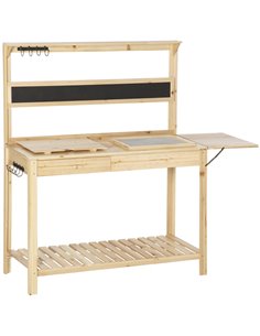 Outsunny Garden Work Table, Workstation with Metal Sieve Screen, Chalkboard, Hidden Sink, Drawer, Natural