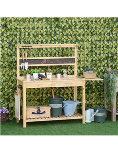 Outsunny Garden Work Table, Workstation with Metal Sieve Screen, Chalkboard, Hidden Sink, Drawer, Natural 2