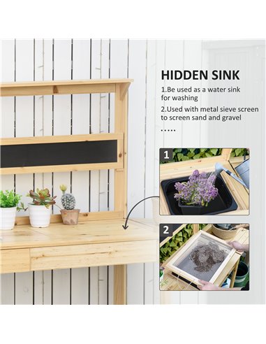 Outsunny Potting Bench Table, Garden Work Bench, Workstation with Metal Sieve Screen, Chalkboard, Hidden Sink, Drawer for Patio,