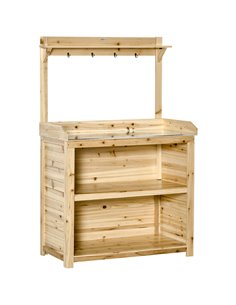 Outsunny Garden Potting Bench Table, Wooden Workstation Bench w/ Galvanized Metal Tabletop, Storage Shelves and Hooks, Natural