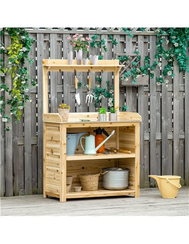 Outsunny Garden Potting Bench Table, Wooden Workstation Bench w/ Galvanized Metal Tabletop, Storage Shelves and Hooks, Natural