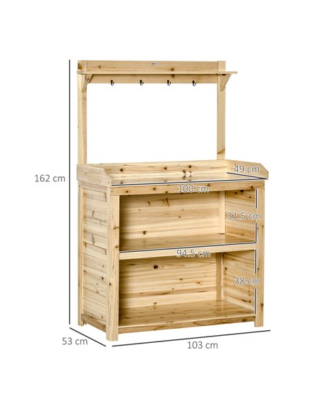 Outsunny Garden Potting Bench Table, Wooden Workstation Bench w/ Galvanized Metal Tabletop, Storage Shelves and Hooks, Natural - pic 30978 | FastDaddyshop