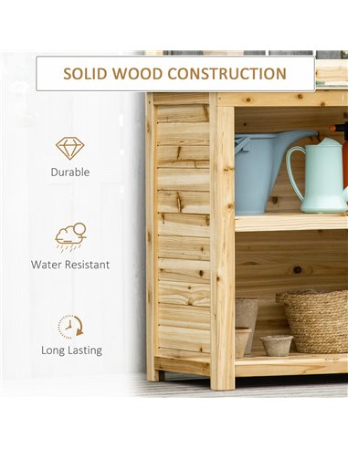 Outsunny Garden Potting Bench Table, Wooden Workstation Bench w/ Galvanized Metal Tabletop, Storage Shelves and Hooks, Natural