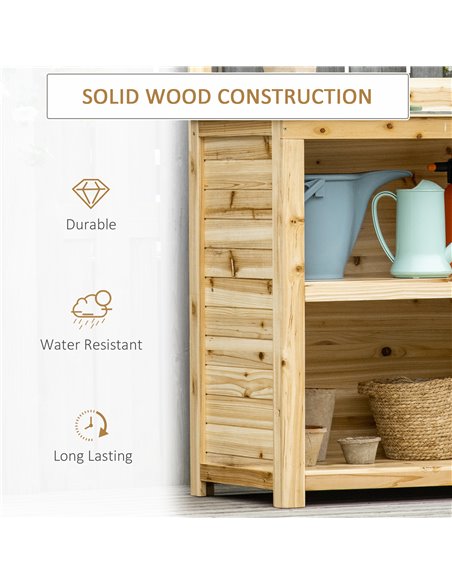 Outsunny Garden Potting Bench Table, Wooden Workstation Bench w/ Galvanized Metal Tabletop, Storage Shelves and Hooks, Natural - pic 30981 | FastDaddyshop