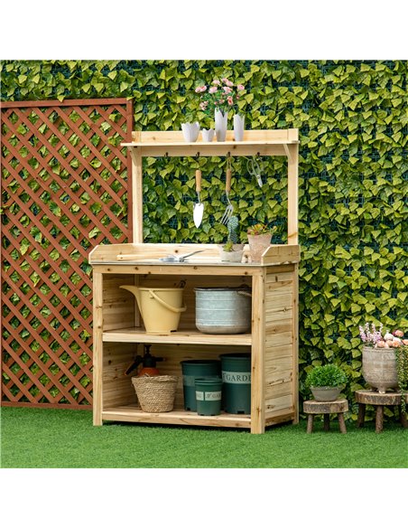 Outsunny Garden Potting Bench Table, Wooden Workstation Bench w/ Galvanized Metal Tabletop, Storage Shelves and Hooks, Natural - pic 30984 | FastDaddyshop