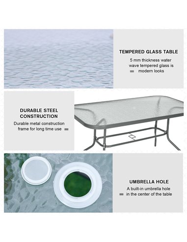 Outsunny Aquatex Glass Garden Table with Curved Metal Frame, Tempered Glass Top, Grey