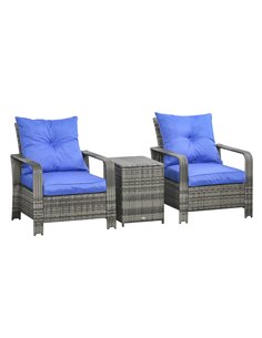 Outsunny 3 pcs PE Rattan Wicker Garden Furniture Set with Storage Table and Chairs, Blue Cushions, Grey Wicker
