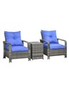 Outsunny 3 pcs PE Rattan Wicker Garden Furniture Set with Storage Table and Chairs, Blue Cushions, Grey Wicker