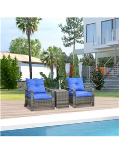Outsunny 3 pcs PE Rattan Wicker Garden Furniture Set with Storage Table and Chairs, Blue Cushions, Grey Wicker 2