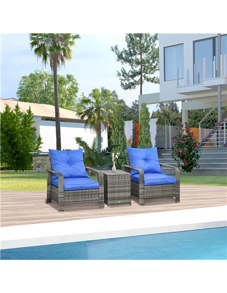 Outsunny 3 pcs PE Rattan Wicker Garden Furniture Set with Storage Table and Chairs, Blue Cushions, Grey Wicker - pic 31164 | FastDaddyshop