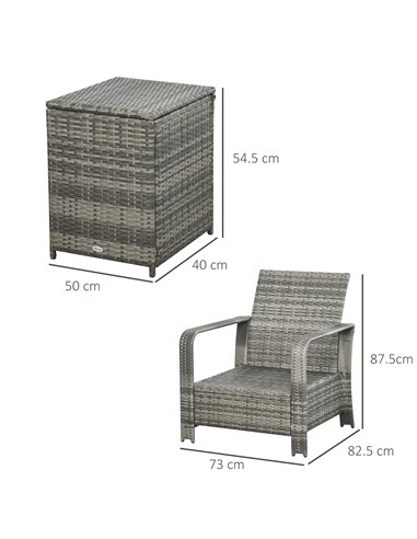 Outsunny 3 pcs PE Rattan Wicker Garden Furniture Set with Storage Table and Chairs, Blue Cushions, Grey Wicker