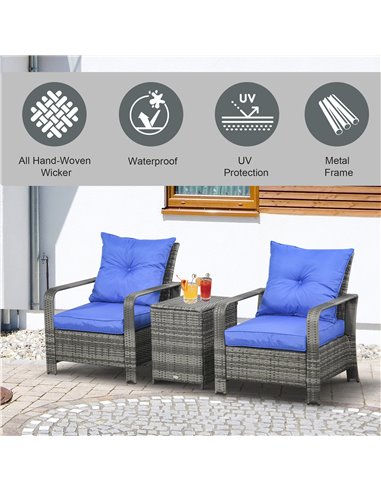 Outsunny 3 pcs PE Rattan Wicker Garden Furniture Set, Blue Cushions 860-111V71BU