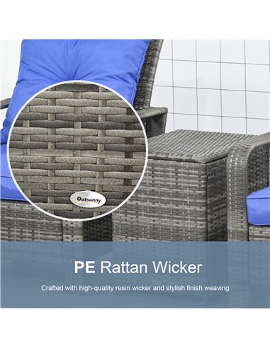 Outsunny 3 pcs PE Rattan Wicker Garden Furniture Set with Storage Table and Chairs, Blue Cushions, Grey Wicker