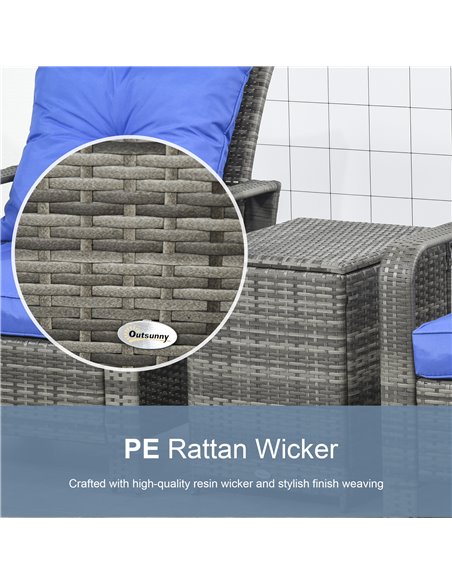 Outsunny 3 pcs PE Rattan Wicker Garden Furniture Set with Storage Table and Chairs, Blue Cushions, Grey Wicker - pic 31168 | FastDaddyshop