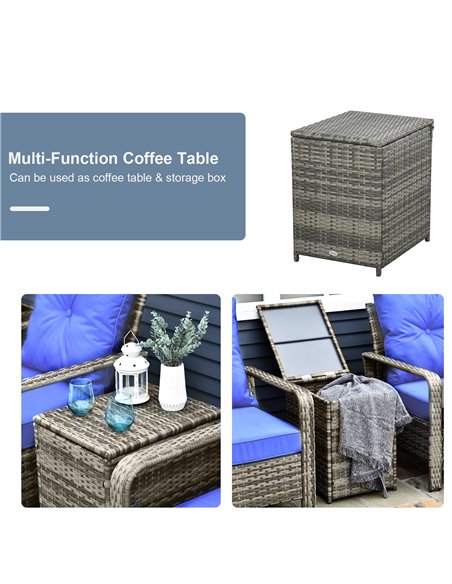 Outsunny 3 pcs PE Rattan Wicker Garden Furniture Set with Storage Table and Chairs, Blue Cushions, Grey Wicker - pic 31169 | FastDaddyshop
