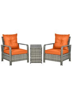 Outsunny 3 pcs PE Rattan Wicker Garden Furniture Set with Storage Table and Chairs, Orange Cushions, Grey Wicker