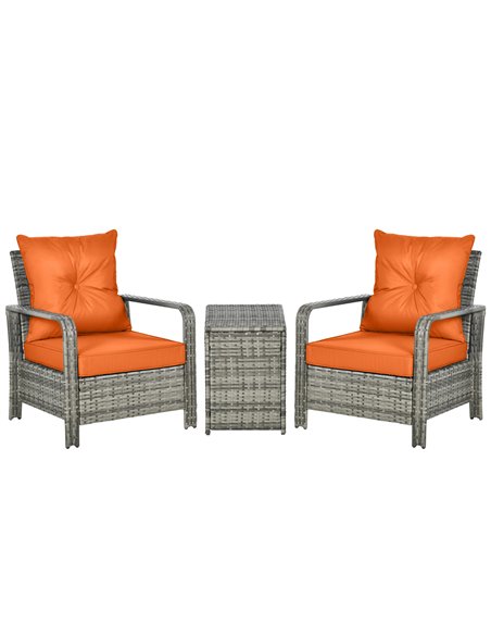 Outsunny 3 pcs PE Rattan Wicker Garden Furniture Set with Storage Table and Chairs, Orange Cushions, Grey Wicker - pic 31172 | FastDaddyshop